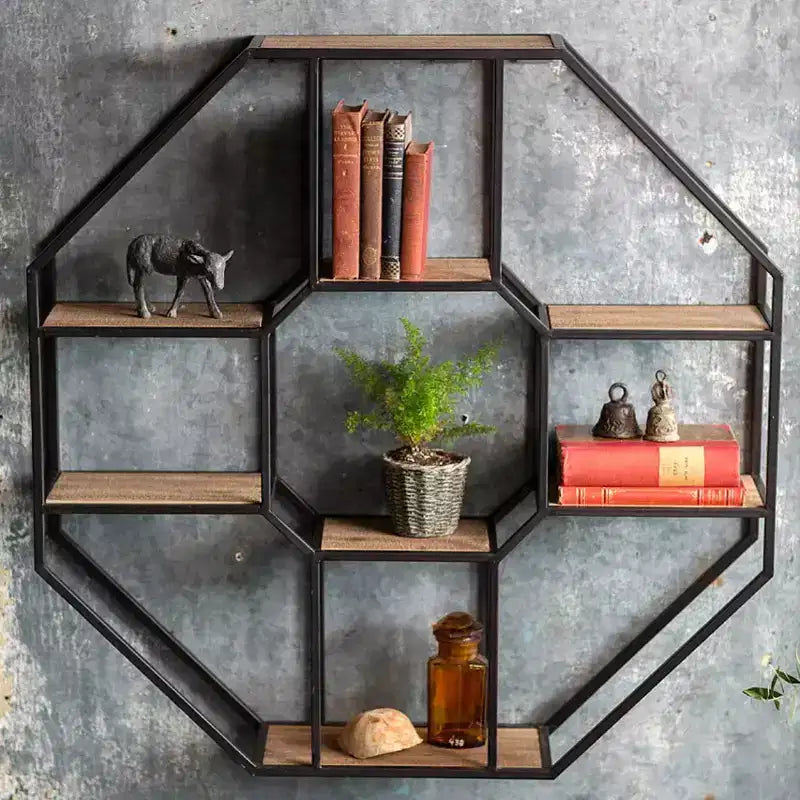 Slickblue Wall-Mounted Iron Wood Shelf, 8-Tier Octagonal/Hexagonal, Display Rack, Industrial, 36x36