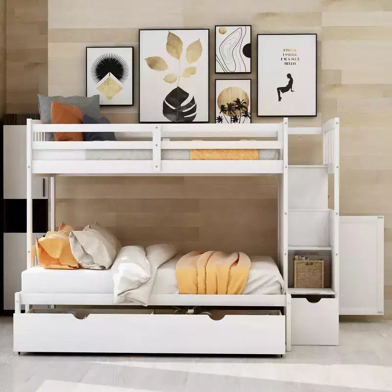 Twin over Twin Bunk Beds with Staircase and Drawers for Kids, Wooden Twin over Full Stairway Bunk Bed with Storage Cabinet