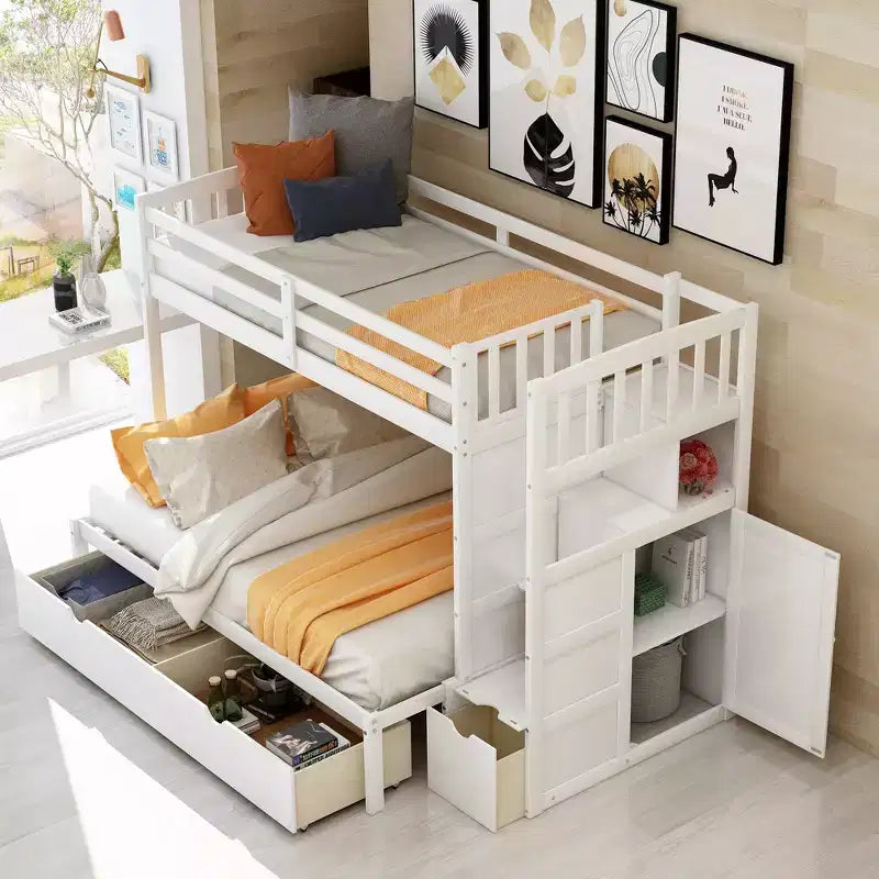 Twin over Twin Bunk Beds with Staircase and Drawers for Kids, Wooden Twin over Full Stairway Bunk Bed with Storage Cabinet