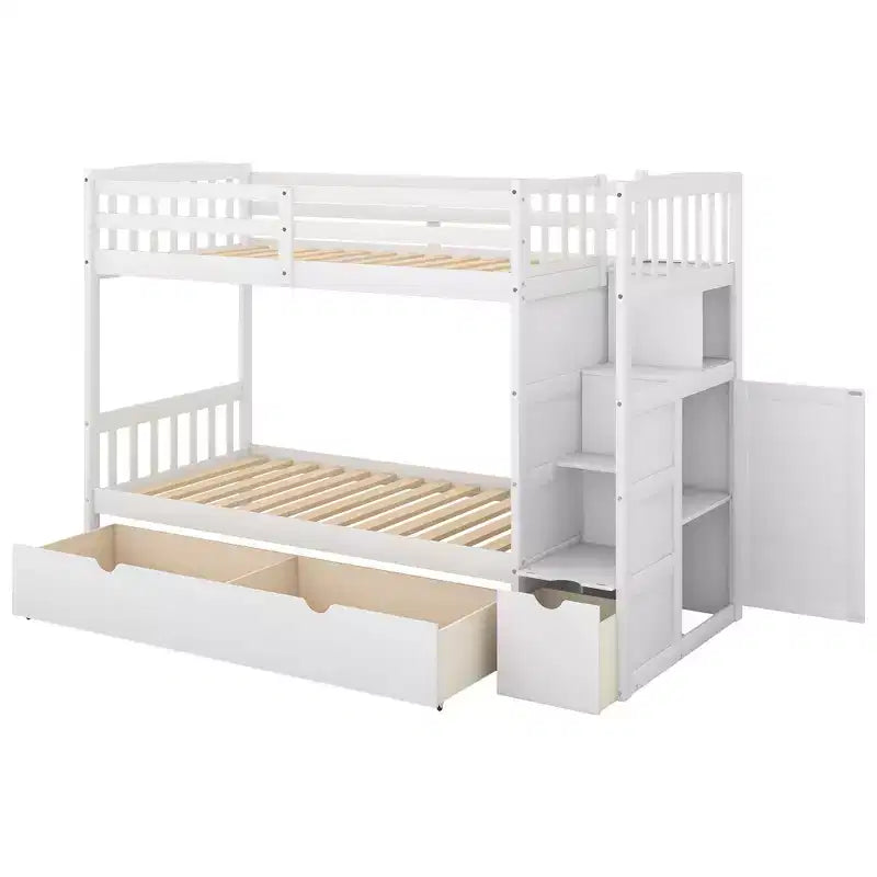 Twin over Twin Bunk Beds with Staircase and Drawers for Kids, Wooden Twin over Full Stairway Bunk Bed with Storage Cabinet