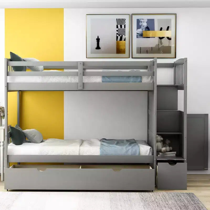 Twin over Twin Bunk Beds with Staircase and Drawers for Kids, Wooden Twin over Full Stairway Bunk Bed with Storage Cabinet