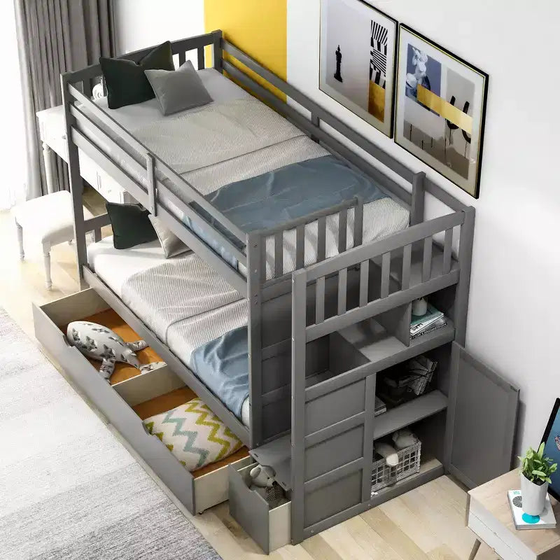 Twin over Twin Bunk Beds with Staircase and Drawers for Kids, Wooden Twin over Full Stairway Bunk Bed with Storage Cabinet
