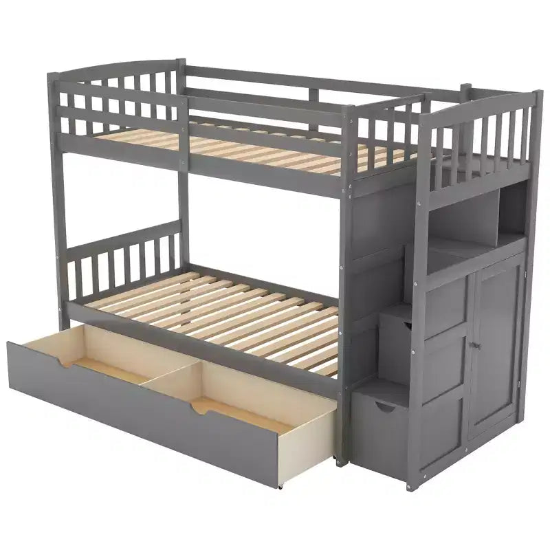 Twin over Twin Bunk Beds with Staircase and Drawers for Kids, Wooden Twin over Full Stairway Bunk Bed with Storage Cabinet
