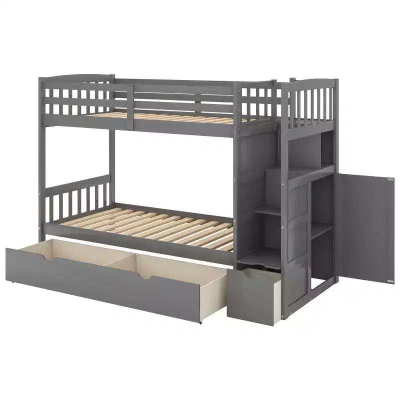 Twin over Twin Bunk Beds with Staircase and Drawers for Kids, Wooden Twin over Full Stairway Bunk Bed with Storage Cabinet