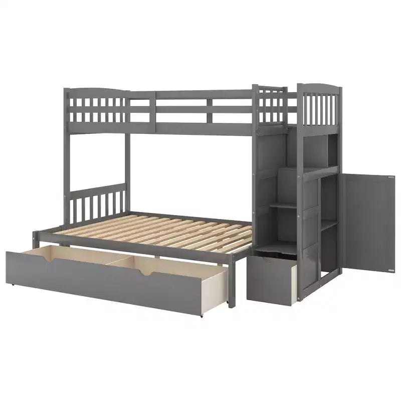 Twin over Twin Bunk Beds with Staircase and Drawers for Kids, Wooden Twin over Full Stairway Bunk Bed with Storage Cabinet