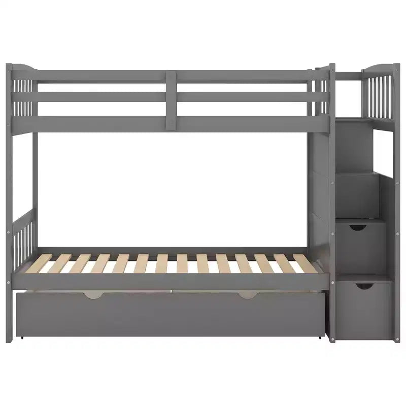 Twin over Twin Bunk Beds with Staircase and Drawers for Kids, Wooden Twin over Full Stairway Bunk Bed with Storage Cabinet