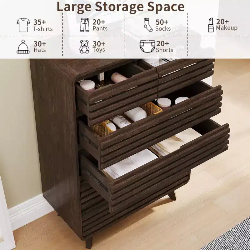 SOLACE FURNITURE Tall Dresser with 6 Drawers, Chests of Drawers with Grille & Curved Design