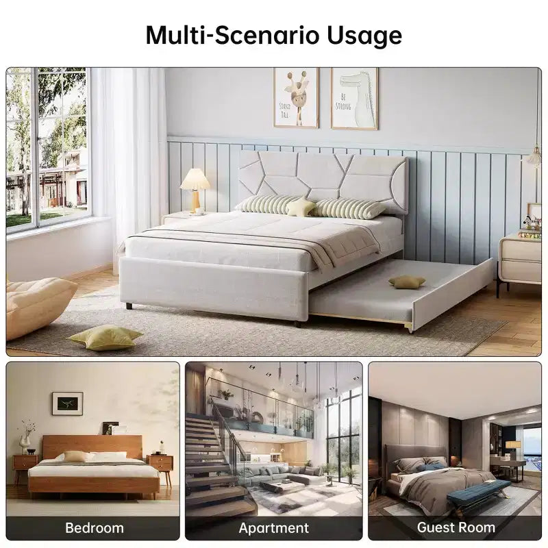 Trundle Bed Twin, Queen Size Upholstered Platform Bed Frame, Pull Out Bed with Headboard, Wood Slat Support, for Bedroom, Living Room, Guest Room