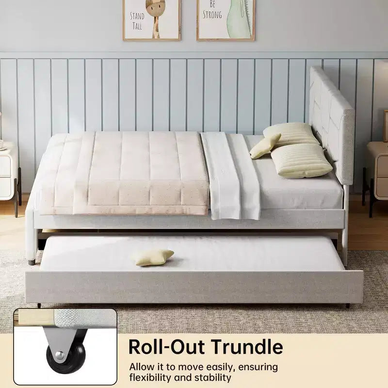 Trundle Bed Twin, Queen Size Upholstered Platform Bed Frame, Pull Out Bed with Headboard, Wood Slat Support, for Bedroom, Living Room, Guest Room