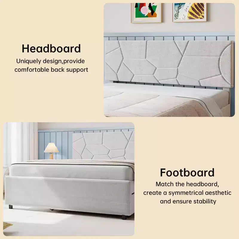 Trundle Bed Twin, Queen Size Upholstered Platform Bed Frame, Pull Out Bed with Headboard, Wood Slat Support, for Bedroom, Living Room, Guest Room