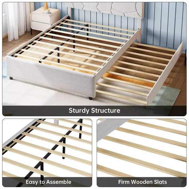 Trundle Bed Twin, Queen Size Upholstered Platform Bed Frame, Pull Out Bed with Headboard, Wood Slat Support, for Bedroom, Living Room, Guest Room