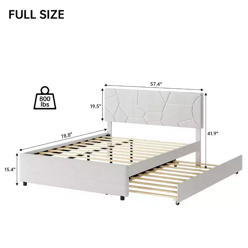 Trundle Bed Twin, Queen Size Upholstered Platform Bed Frame, Pull Out Bed with Headboard, Wood Slat Support, for Bedroom, Living Room, Guest Room