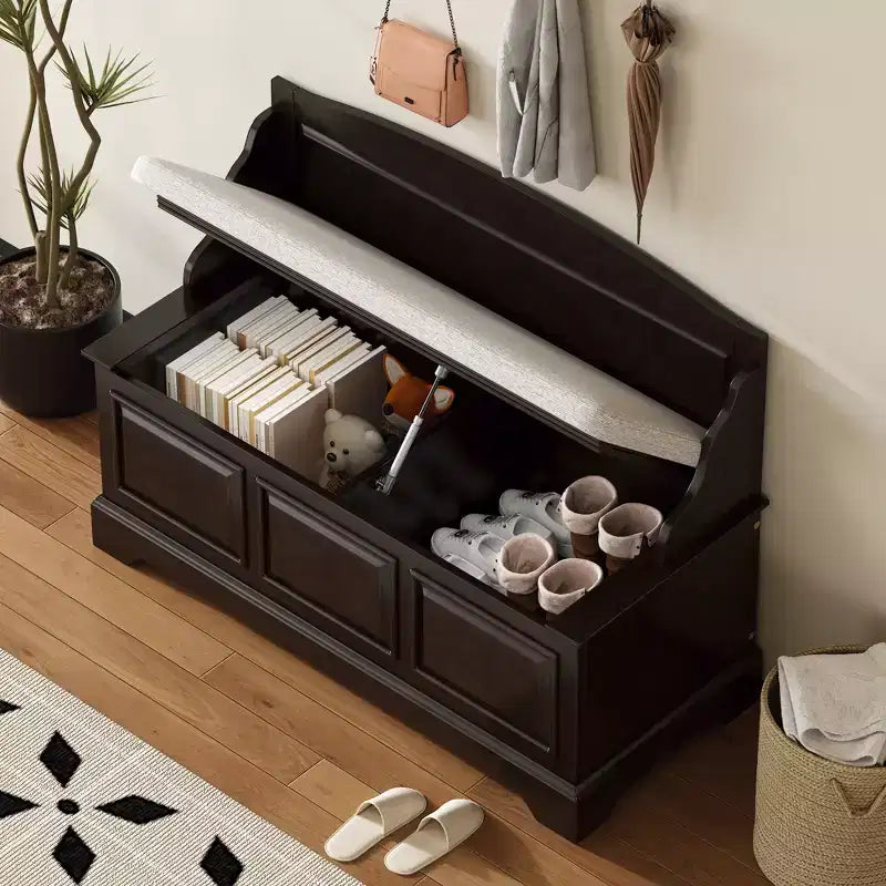 GDFStudio Ruth Mid-Century Modern Style Entryway Shoe Storage Bench with Hidden Storage and Linen Cushion