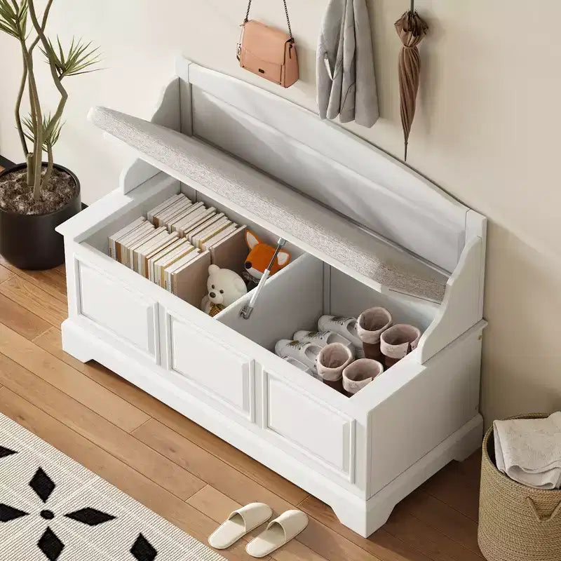 GDFStudio Ruth Mid-Century Modern Style Entryway Shoe Storage Bench with Hidden Storage and Linen Cushion
