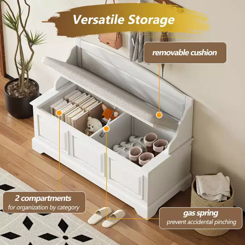 GDFStudio Ruth Mid-Century Modern Style Entryway Shoe Storage Bench with Hidden Storage and Linen Cushion