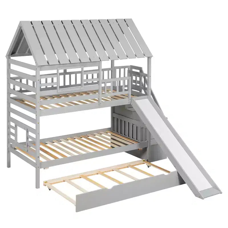Twin over Twin House Bunk Beds with Slide, Twin Bunk Bed with Storage Stairs and Trundle, Wood Kids Bunk Bed with Roof and Window