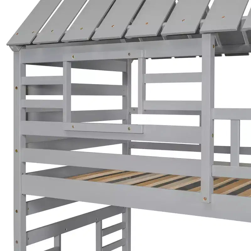 Twin over Twin House Bunk Beds with Slide, Twin Bunk Bed with Storage Stairs and Trundle, Wood Kids Bunk Bed with Roof and Window