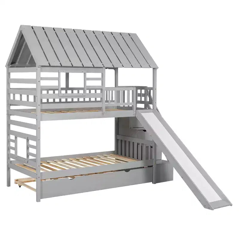 Twin over Twin House Bunk Beds with Slide, Twin Bunk Bed with Storage Stairs and Trundle, Wood Kids Bunk Bed with Roof and Window