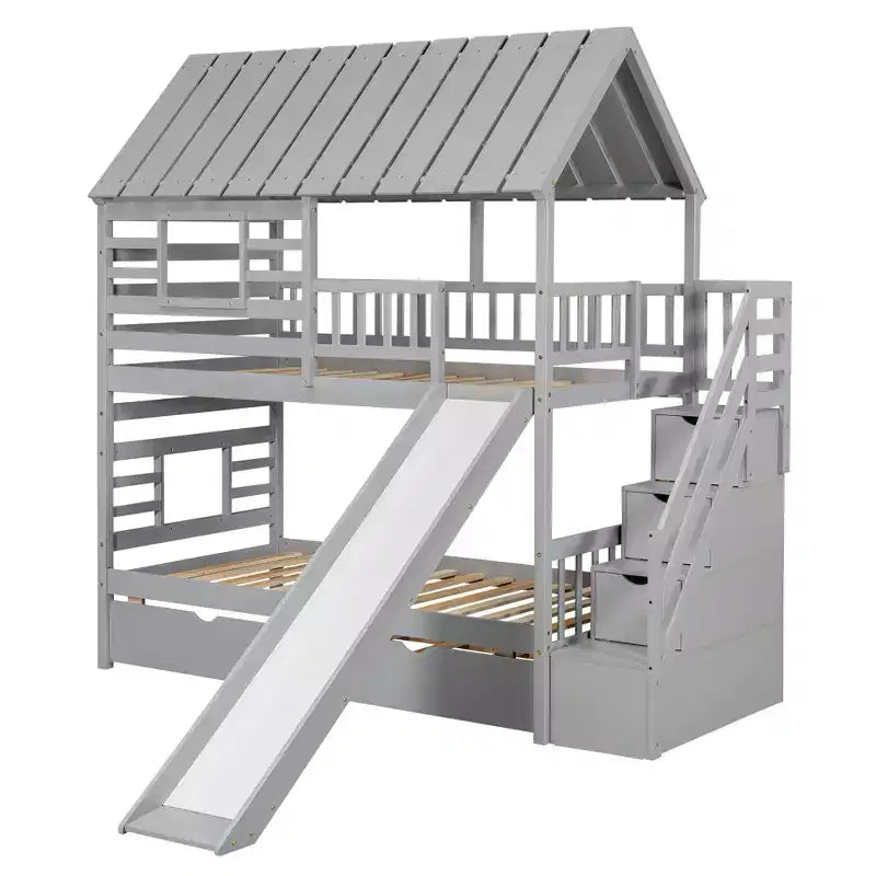 Twin over Twin House Bunk Beds with Slide, Twin Bunk Bed with Storage Stairs and Trundle, Wood Kids Bunk Bed with Roof and Window
