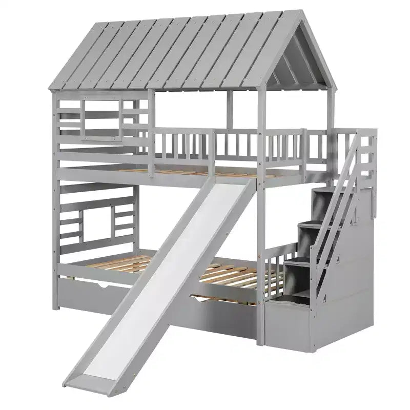 Twin over Twin House Bunk Beds with Slide, Twin Bunk Bed with Storage Stairs and Trundle, Wood Kids Bunk Bed with Roof and Window