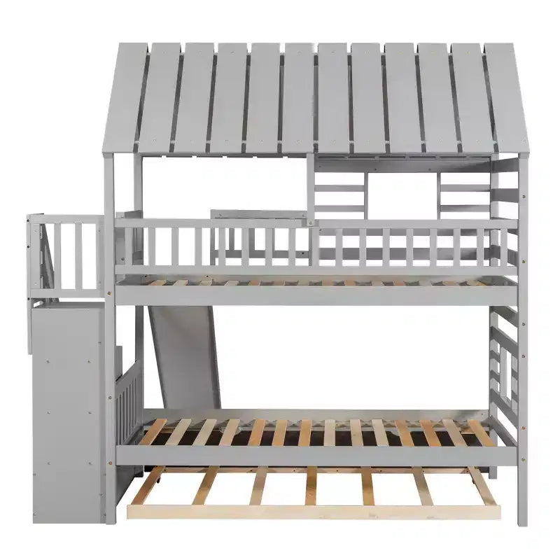 Twin over Twin House Bunk Beds with Slide, Twin Bunk Bed with Storage Stairs and Trundle, Wood Kids Bunk Bed with Roof and Window