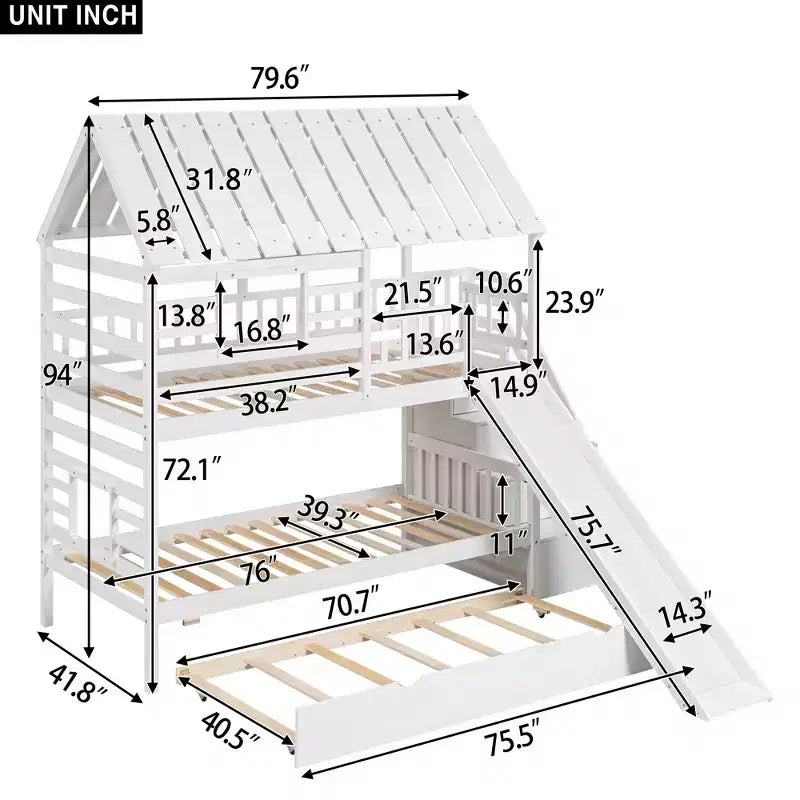 Twin over Twin House Bunk Beds with Slide, Twin Bunk Bed with Storage Stairs and Trundle, Wood Kids Bunk Bed with Roof and Window