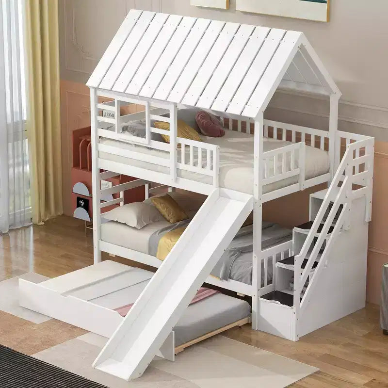 Twin over Twin House Bunk Beds with Slide, Twin Bunk Bed with Storage Stairs and Trundle, Wood Kids Bunk Bed with Roof and Window