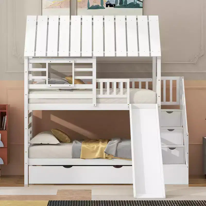 Twin over Twin House Bunk Beds with Slide, Twin Bunk Bed with Storage Stairs and Trundle, Wood Kids Bunk Bed with Roof and Window