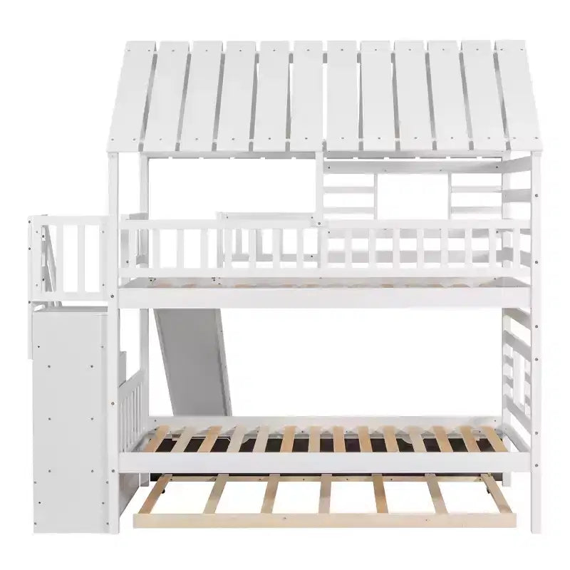 Twin over Twin House Bunk Beds with Slide, Twin Bunk Bed with Storage Stairs and Trundle, Wood Kids Bunk Bed with Roof and Window