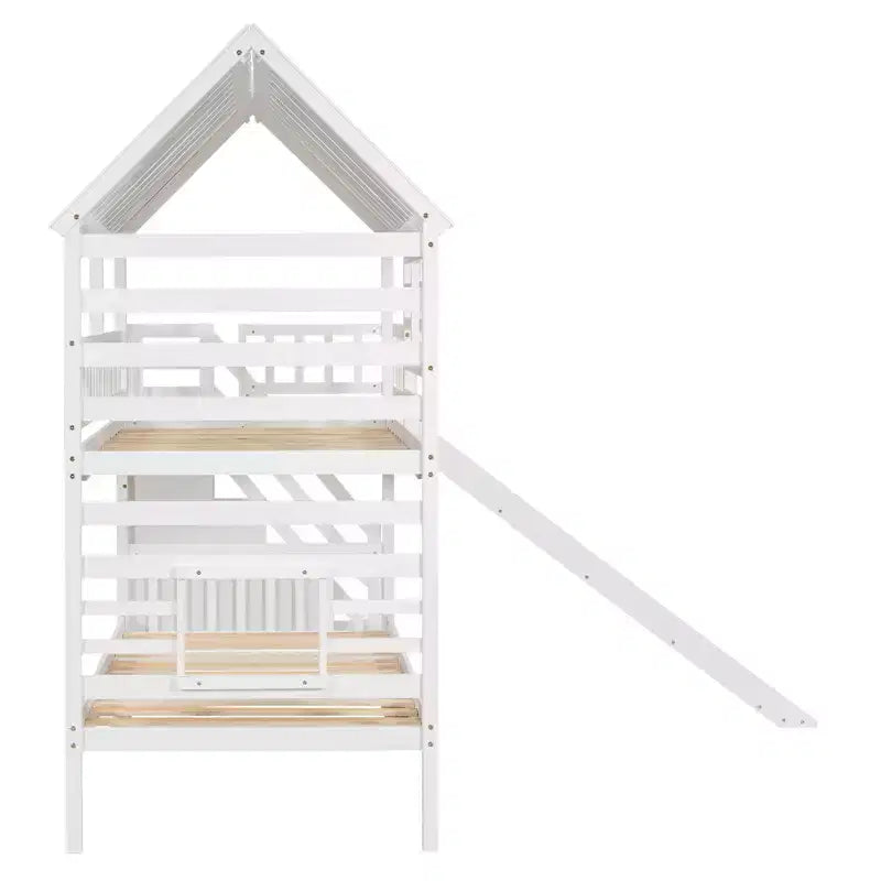 Twin over Twin House Bunk Beds with Slide, Twin Bunk Bed with Storage Stairs and Trundle, Wood Kids Bunk Bed with Roof and Window