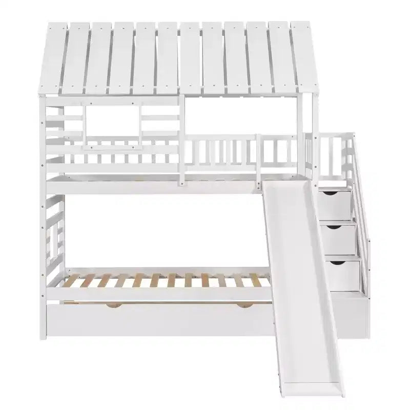 Twin over Twin House Bunk Beds with Slide, Twin Bunk Bed with Storage Stairs and Trundle, Wood Kids Bunk Bed with Roof and Window
