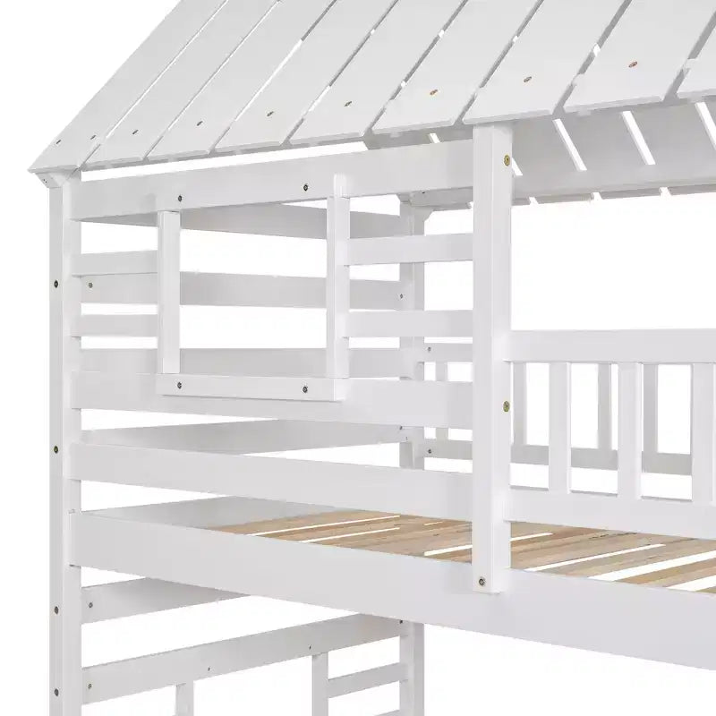 Twin over Twin House Bunk Beds with Slide, Twin Bunk Bed with Storage Stairs and Trundle, Wood Kids Bunk Bed with Roof and Window