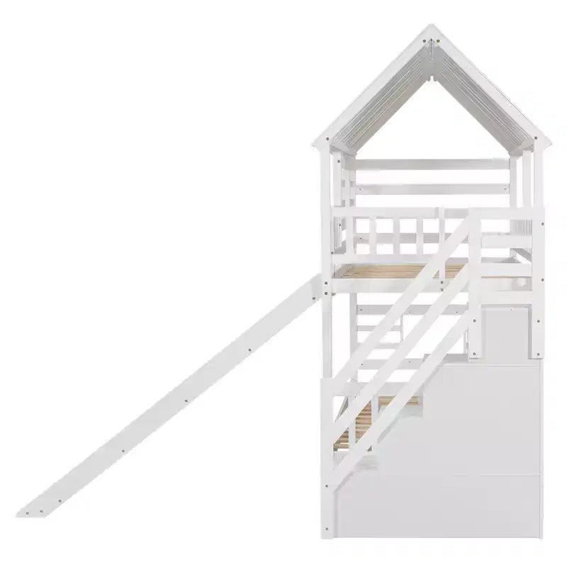 Twin over Twin House Bunk Beds with Slide, Twin Bunk Bed with Storage Stairs and Trundle, Wood Kids Bunk Bed with Roof and Window