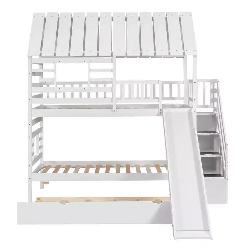 Twin over Twin House Bunk Beds with Slide, Twin Bunk Bed with Storage Stairs and Trundle, Wood Kids Bunk Bed with Roof and Window