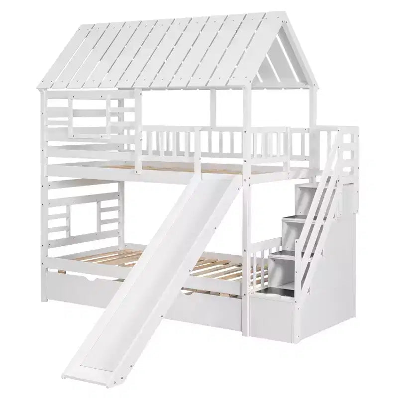 Twin over Twin House Bunk Beds with Slide, Twin Bunk Bed with Storage Stairs and Trundle, Wood Kids Bunk Bed with Roof and Window