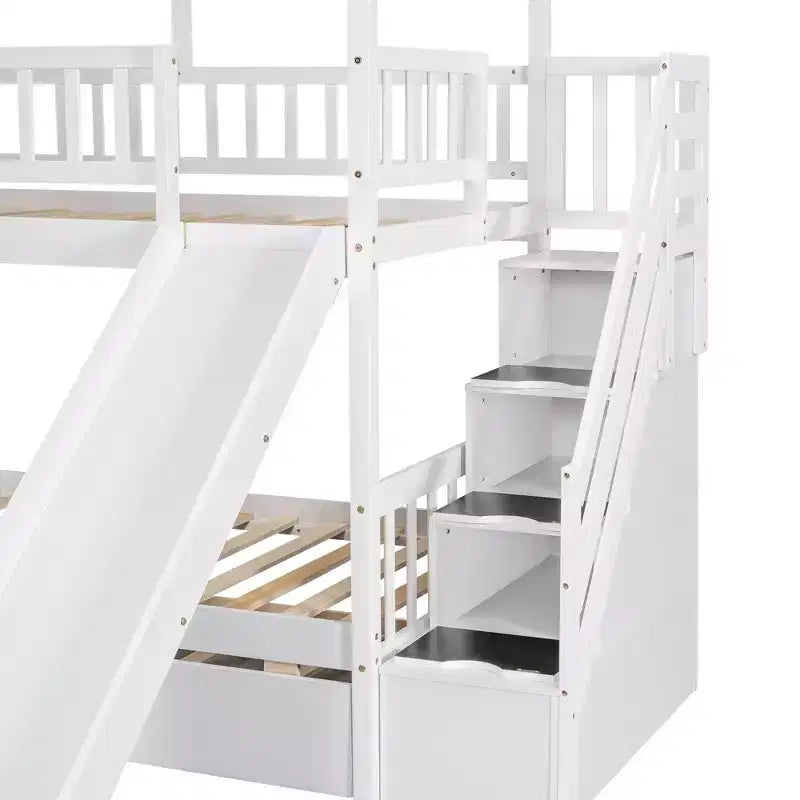 Twin over Twin House Bunk Beds with Slide, Twin Bunk Bed with Storage Stairs and Trundle, Wood Kids Bunk Bed with Roof and Window