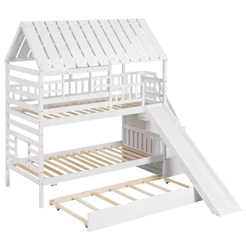 Twin over Twin House Bunk Beds with Slide, Twin Bunk Bed with Storage Stairs and Trundle, Wood Kids Bunk Bed with Roof and Window