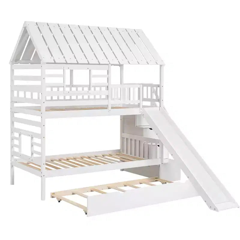 Twin over Twin House Bunk Beds with Slide, Twin Bunk Bed with Storage Stairs and Trundle, Wood Kids Bunk Bed with Roof and Window