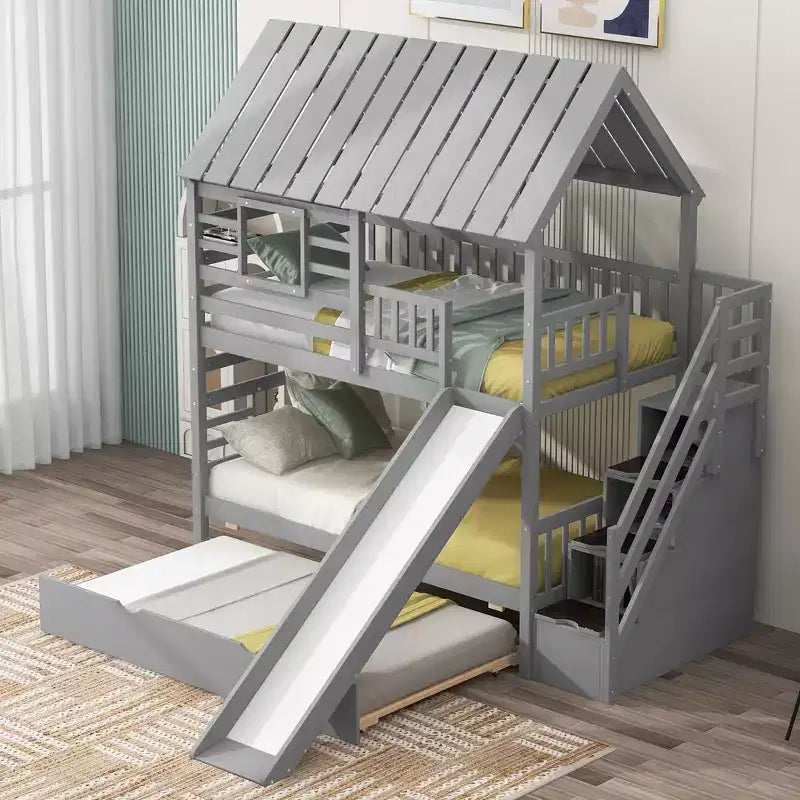 Twin over Twin House Bunk Beds with Slide, Twin Bunk Bed with Storage Stairs and Trundle, Wood Kids Bunk Bed with Roof and Window