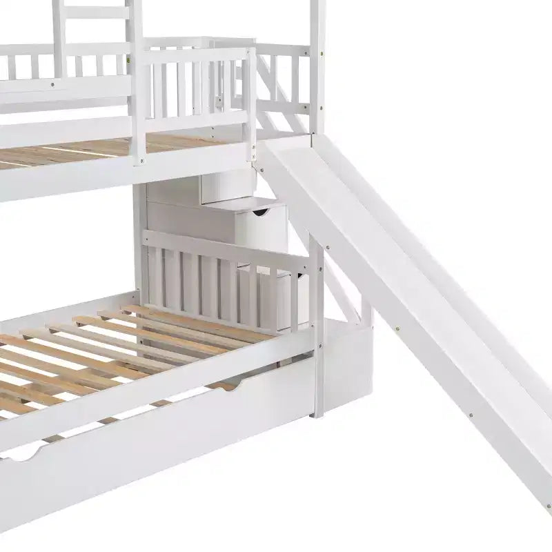 Twin over Twin House Bunk Beds with Slide, Twin Bunk Bed with Storage Stairs and Trundle, Wood Kids Bunk Bed with Roof and Window