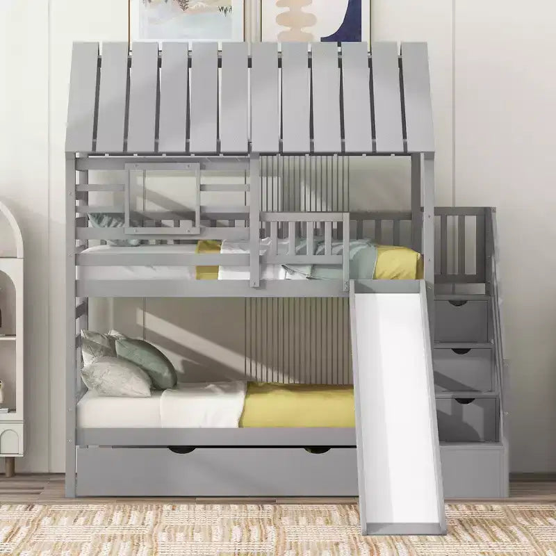 Twin over Twin House Bunk Beds with Slide, Twin Bunk Bed with Storage Stairs and Trundle, Wood Kids Bunk Bed with Roof and Window