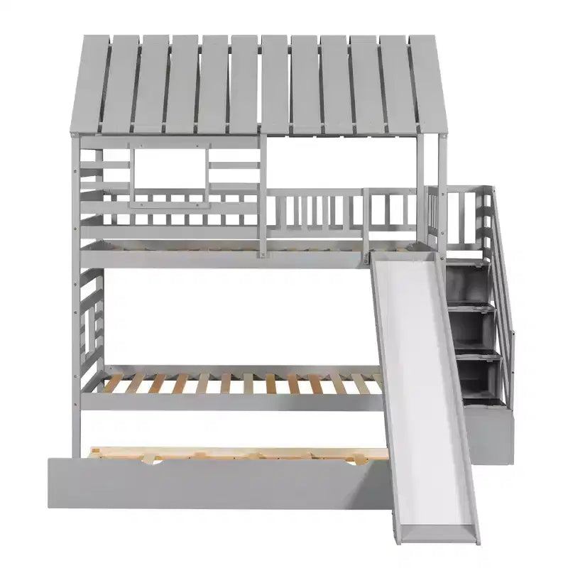 Twin over Twin House Bunk Beds with Slide, Twin Bunk Bed with Storage Stairs and Trundle, Wood Kids Bunk Bed with Roof and Window