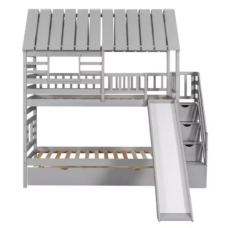 Twin over Twin House Bunk Beds with Slide, Twin Bunk Bed with Storage Stairs and Trundle, Wood Kids Bunk Bed with Roof and Window