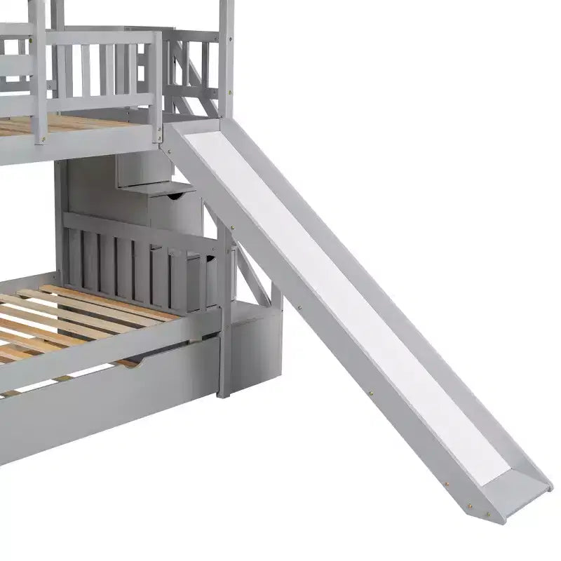 Twin over Twin House Bunk Beds with Slide, Twin Bunk Bed with Storage Stairs and Trundle, Wood Kids Bunk Bed with Roof and Window