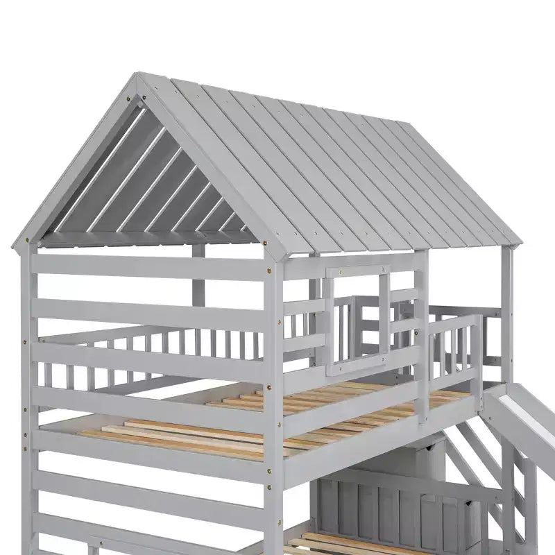 Twin over Twin House Bunk Beds with Slide, Twin Bunk Bed with Storage Stairs and Trundle, Wood Kids Bunk Bed with Roof and Window