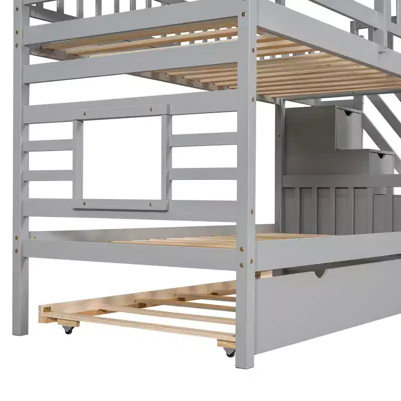 Twin over Twin House Bunk Beds with Slide, Twin Bunk Bed with Storage Stairs and Trundle, Wood Kids Bunk Bed with Roof and Window