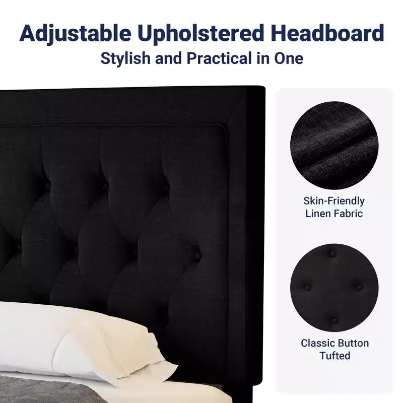 King Size Upholstered Platform Bed with Adjustable Headboard, Button Tufted, Slatted Base, Easy Assembly