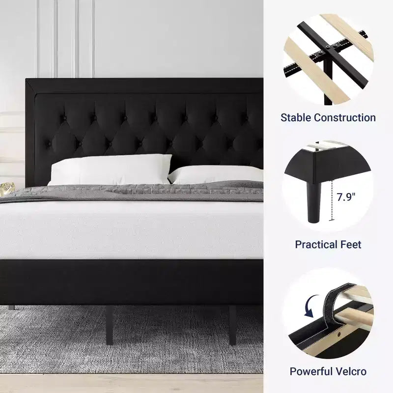 King Size Upholstered Platform Bed with Adjustable Headboard, Button Tufted, Slatted Base, Easy Assembly