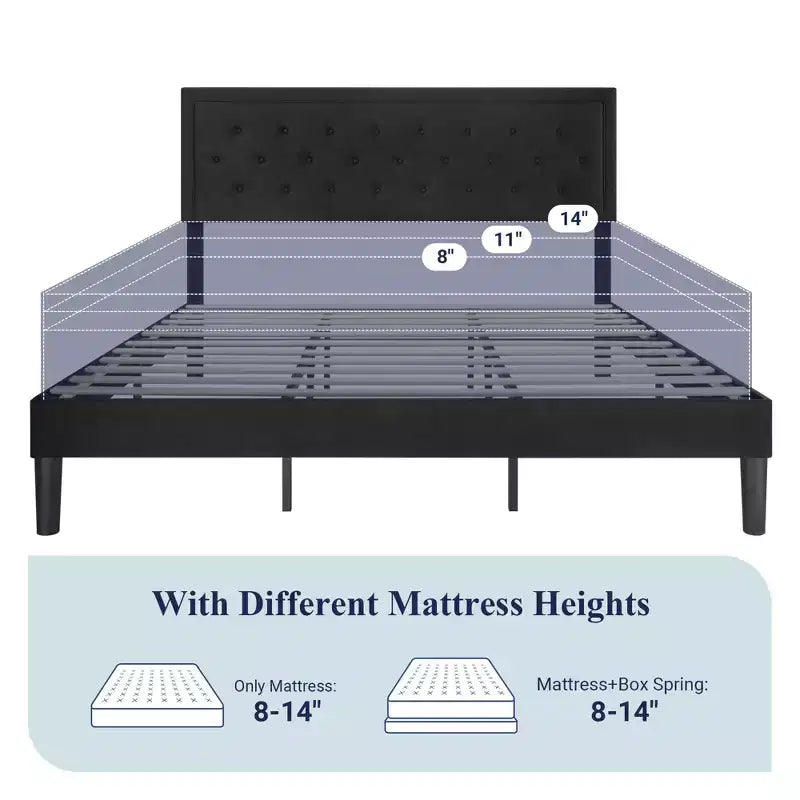 King Size Upholstered Platform Bed with Adjustable Headboard, Button Tufted, Slatted Base, Easy Assembly