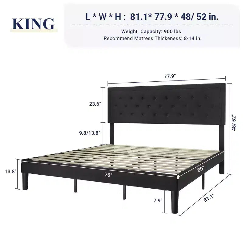 King Size Upholstered Platform Bed with Adjustable Headboard, Button Tufted, Slatted Base, Easy Assembly